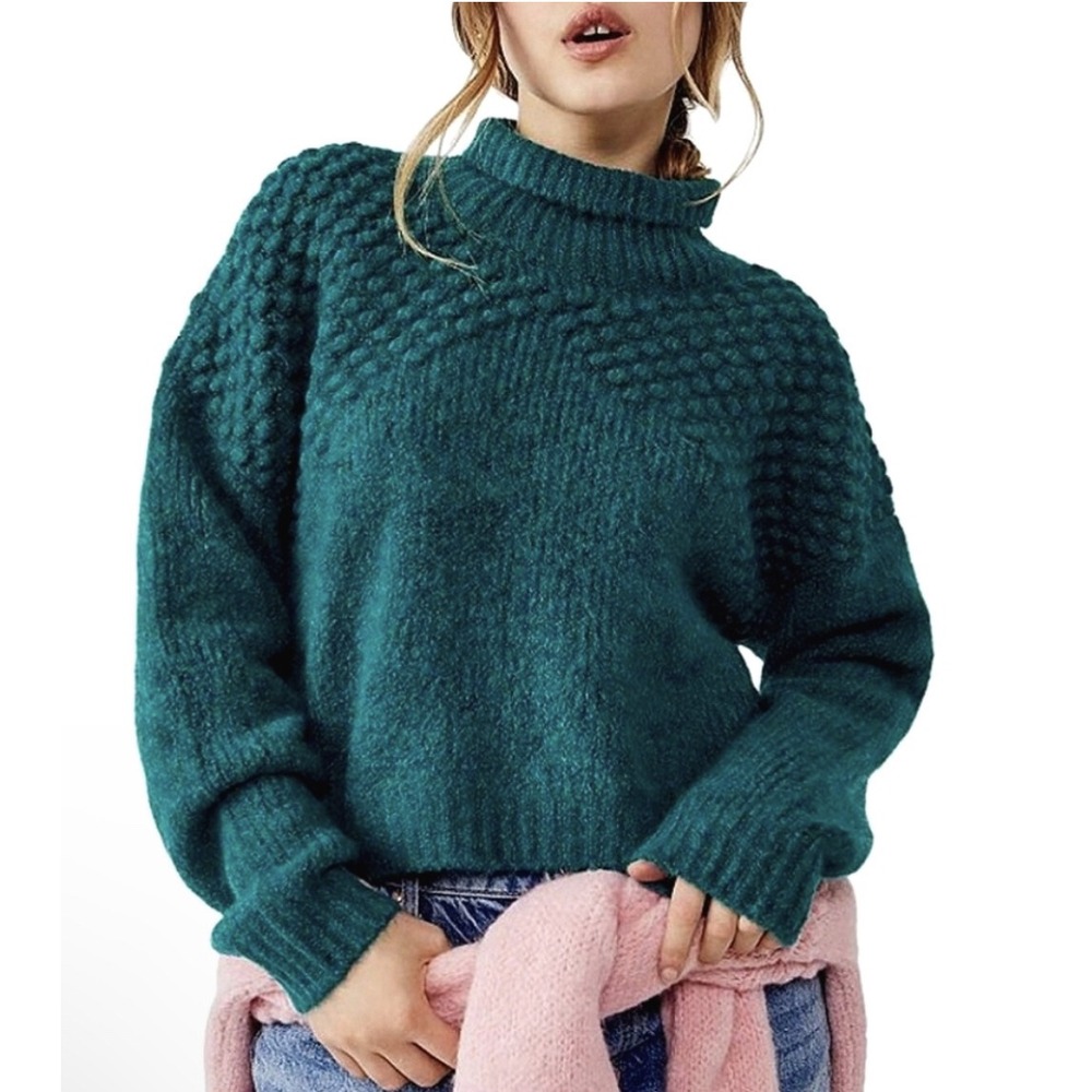 Free‎ People Teal Green Popcorn Stitch Mock Neck Fuzzy Knit Sweater Small